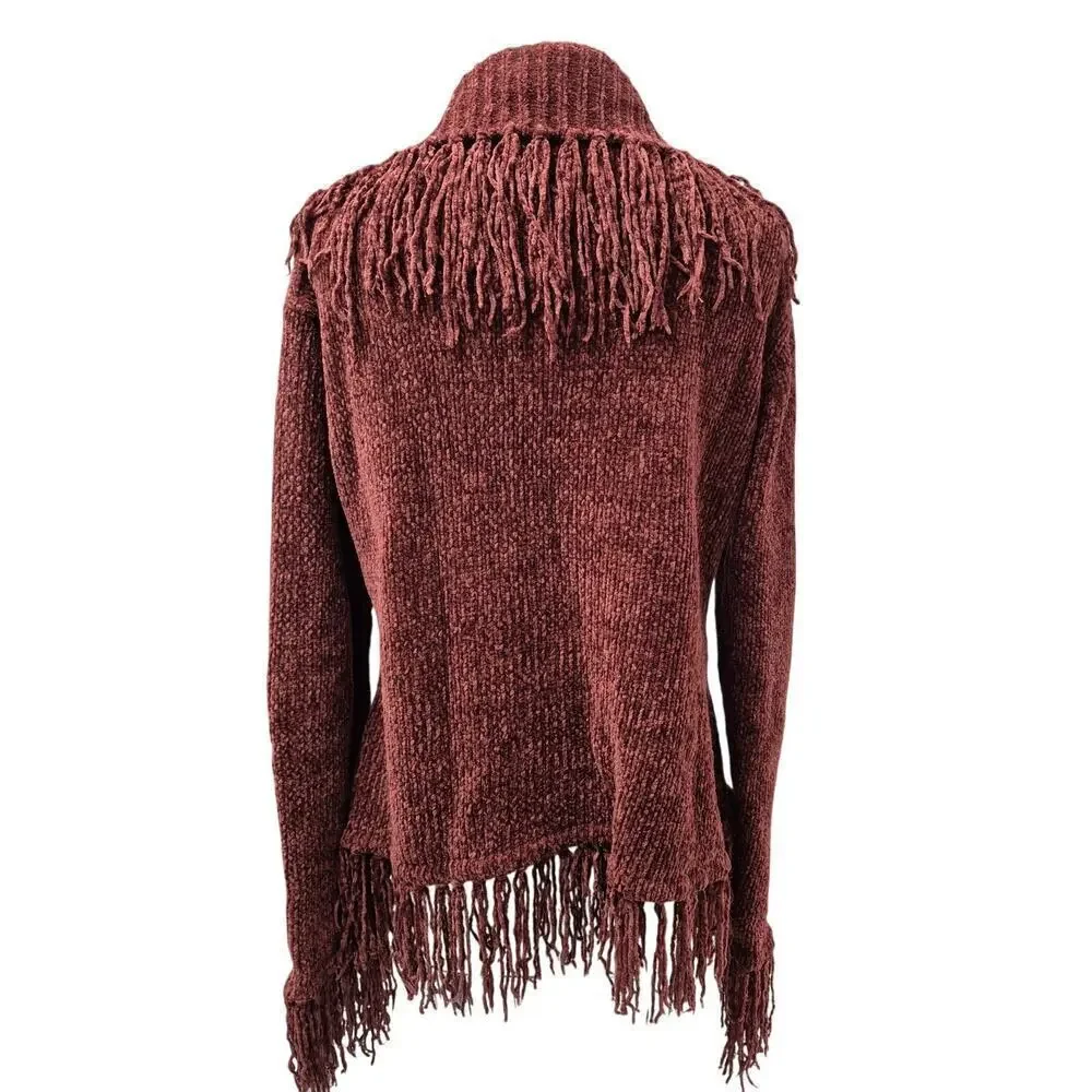 VestoPazzo Esotica import 100% Poly Shag/Fringe Cardigan Sweater Brick Sz S/M